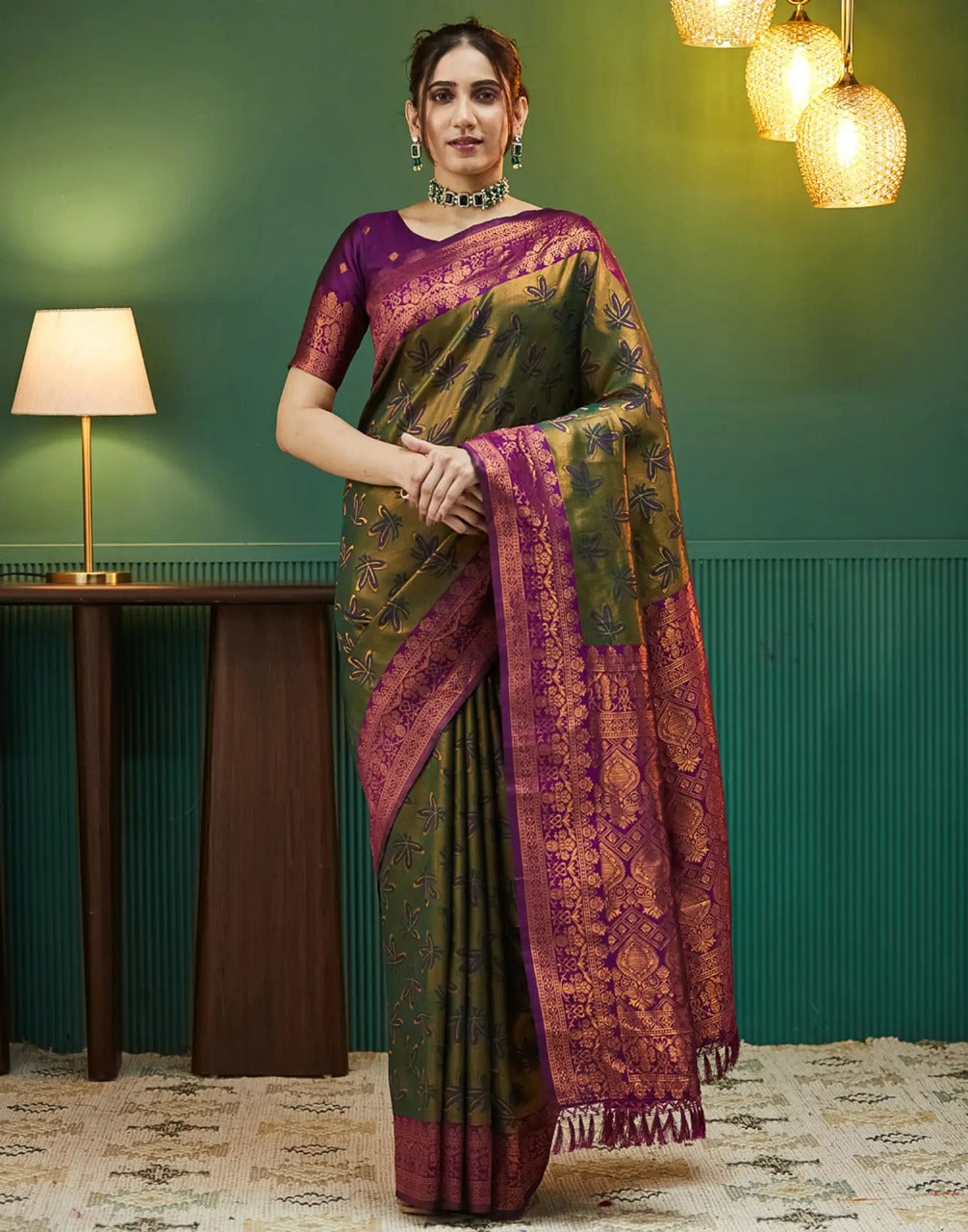 Leaf Green Designer Banarasi Soft Silk Saree
