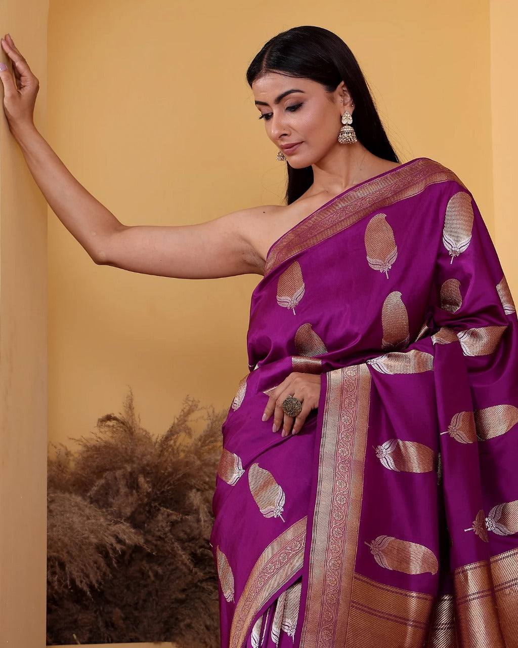 Purple And Golden Beautiful Banarasi Soft Silk Saree