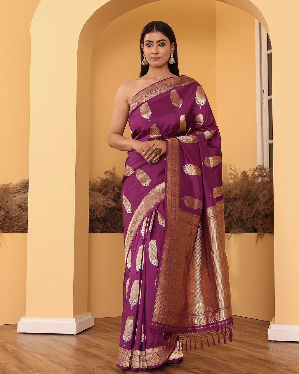 Purple And Golden Beautiful Banarasi Soft Silk Saree