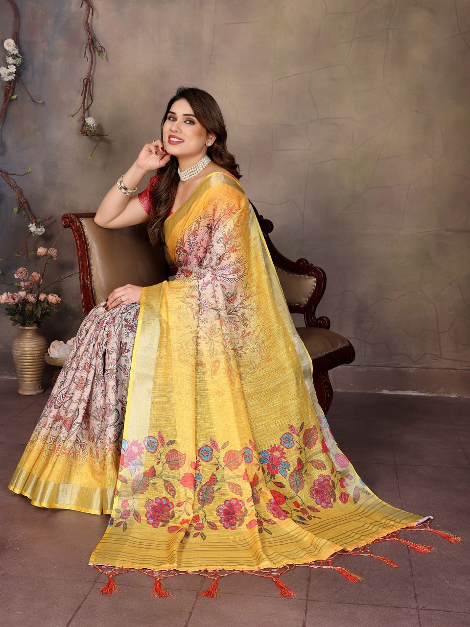 Model wearing Yellow Cotton Linen Saree | Traditional Handprinted Festive Ethnic Fashion | Wedding Saree for Women | Pehrile Collection