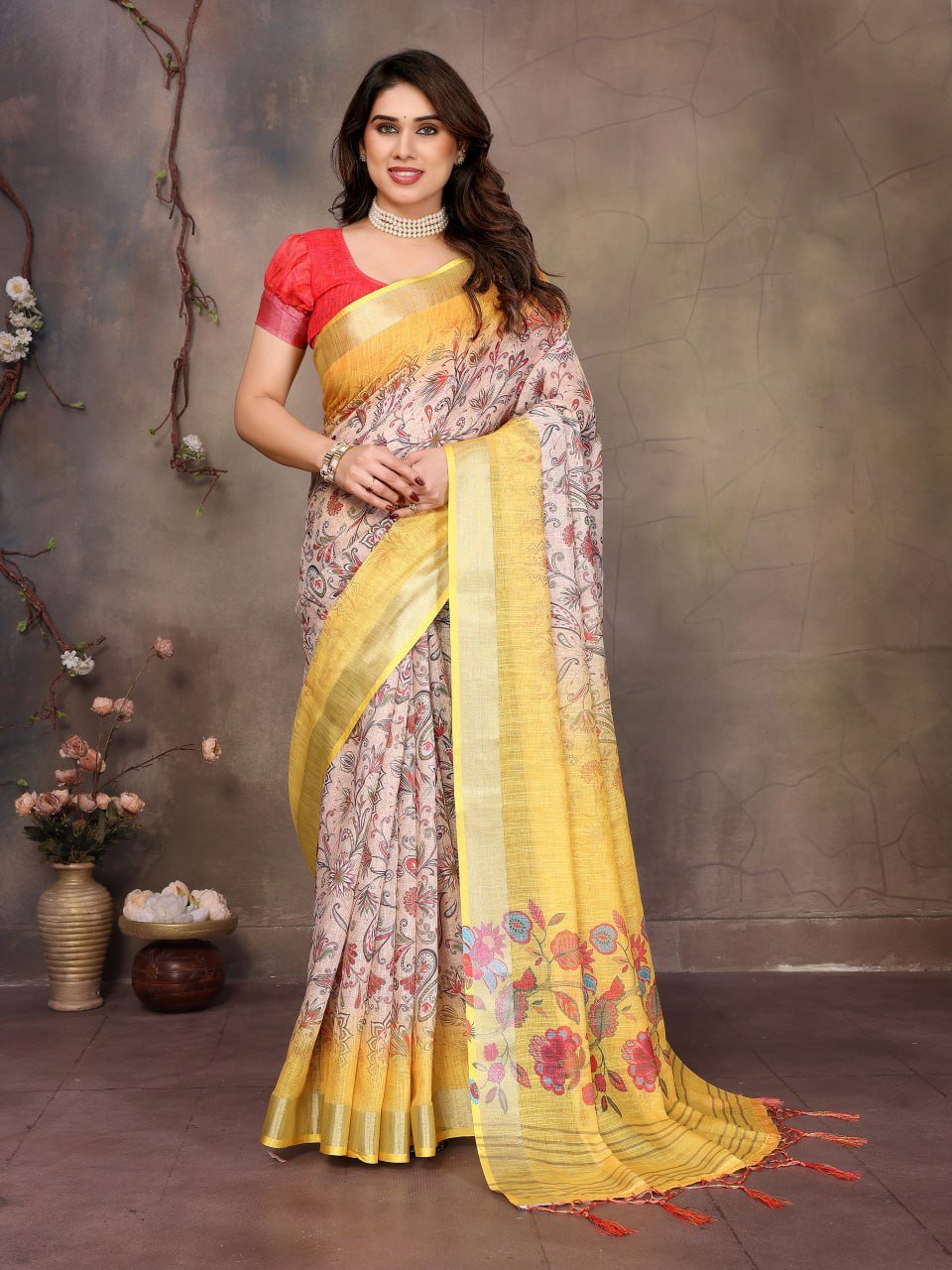 Buy Yellow Cotton Linen Saree Online | Handprinted Traditional Motifs | Festive Indian Ethnic Wear for Women | Pehrile