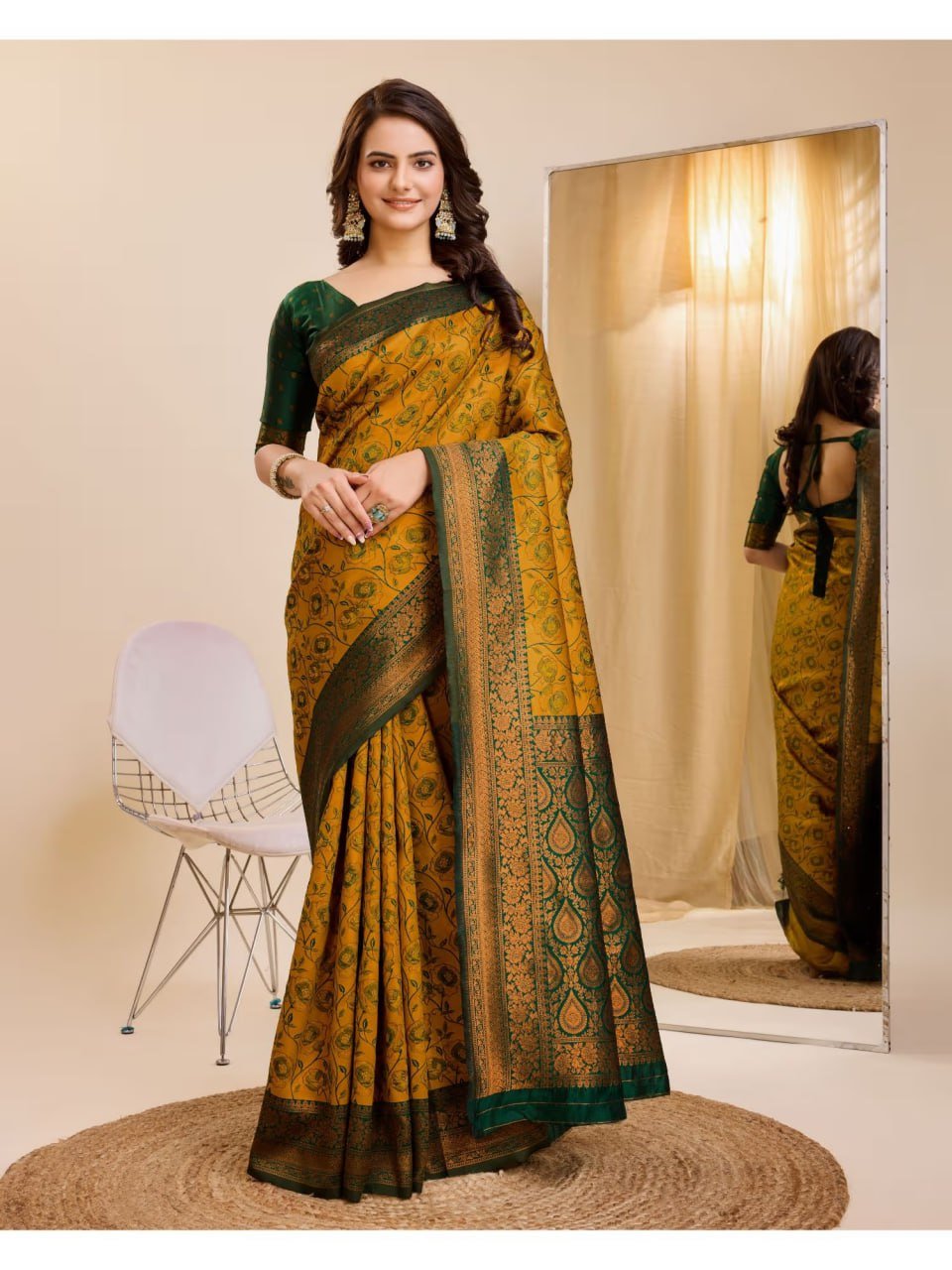 Yellow green Banarasi silk saree jacquard weave zari motif festive Indian ethnic wear