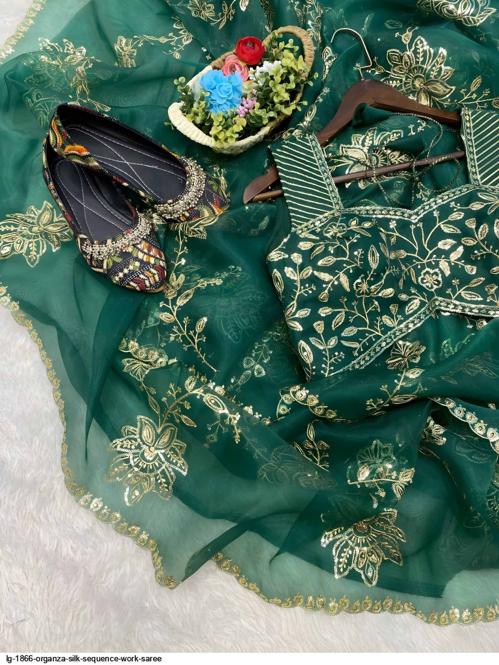 Matching blouse piece of green organza silk saree with sequin embroidery – festive designer saree