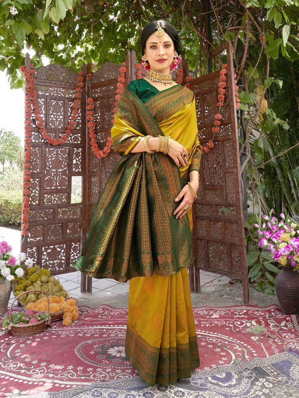 Close up of yellow Banarasi soft silk saree fabric, elegant jacquard weave with golden zari work